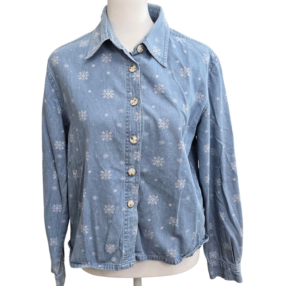 Christopher & Banks Womens Small Snowflakes Denim Light Wash Button up Long Sl